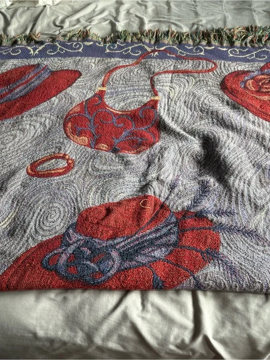 Stylized Red Hat & Purse Woven Throw