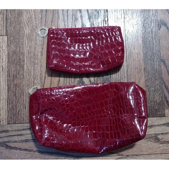 Estee Lauder Red Croc Embossed Cosmetic Bag Set - 2 Piece Makeup Pouch GWP