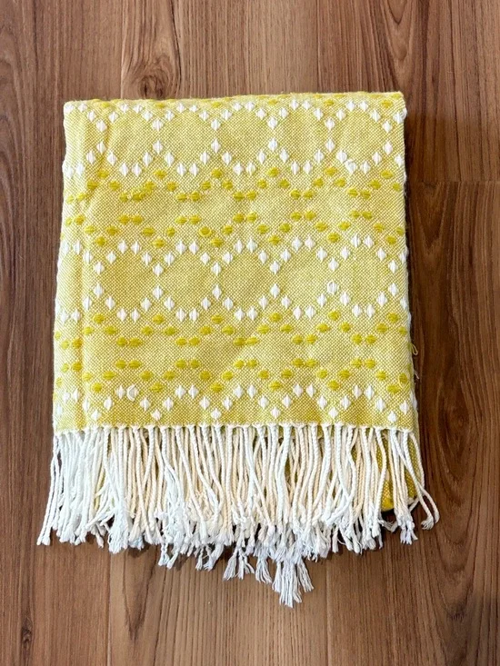 West Elm Geometric Textured Knit Fringe Throw Blanket Boho Yellow 44