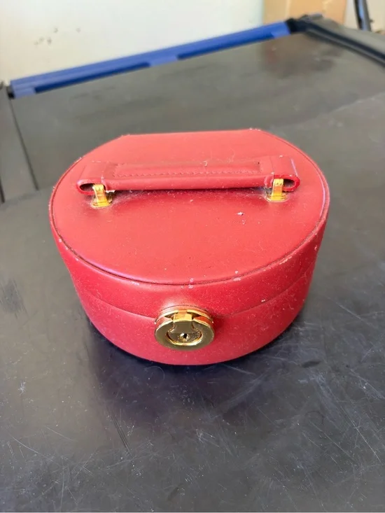 Red Round Jewelry Case with Gold Hardware and Interior Case with Lock
