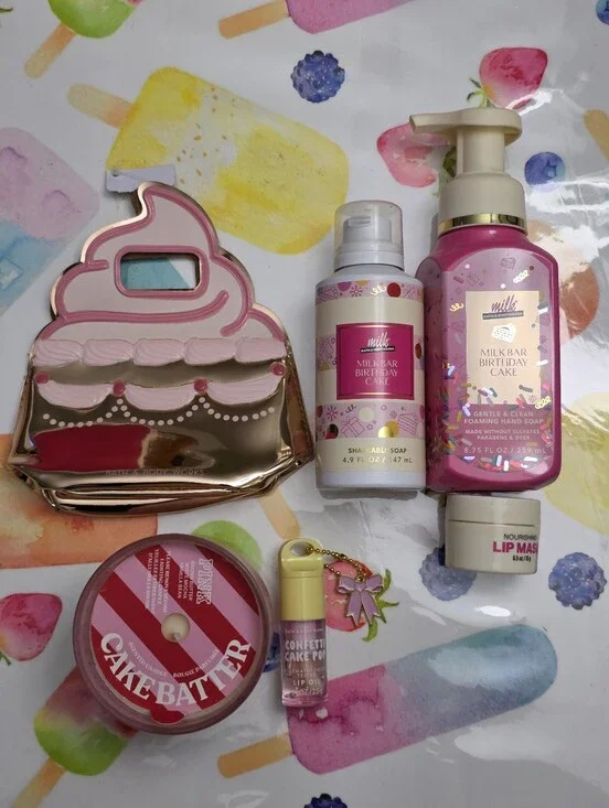 Bath & Body Works Milk Bar Birthday Cake Gift Set — Pink & Gold 6 Piece New RARE