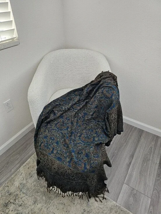 Vintage-Style Teal & Gold Paisley Oversized Throw Blanket / Bedspread (86