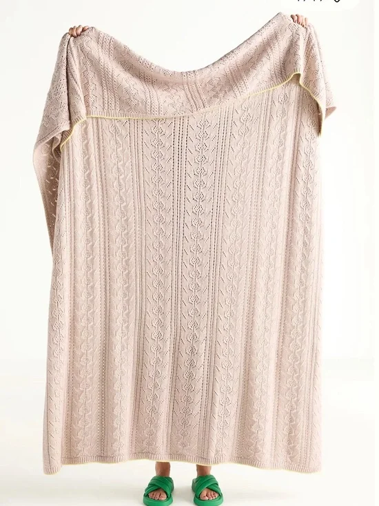 Sabrina Cotton Knit Throw Blanket - Blush Pink with Pale blue trim NWT
