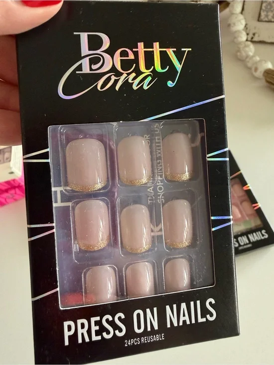Nude Press-On Nails with Gold Tip - 24pcs