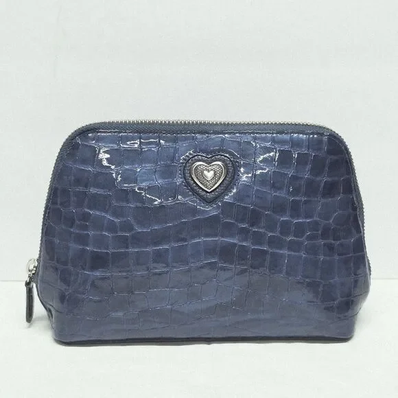 Brighton Bellissimo Heart Croc Print Blue Patent Leather Cosmetic Bag Pouch