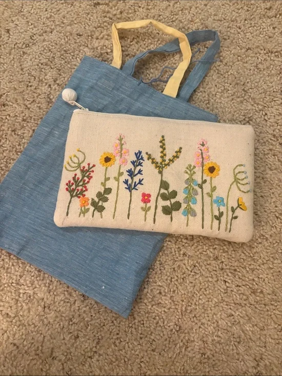 Embroidered Wildflower Linen Zip Pouch - Cream one of a kind from Myanmar
