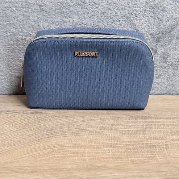 Missoni Cosmetic Bag Womens Small Blue‎ Zigzag Delta Amenity Pouch Gold Hardware