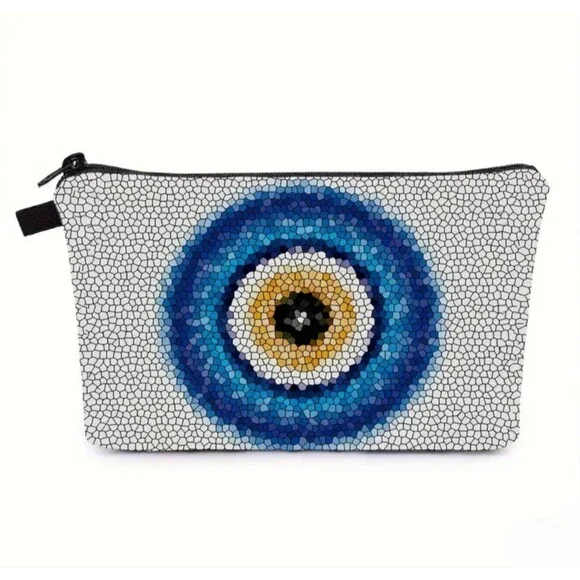 White and blue evil eye Zip make up‎ bag
