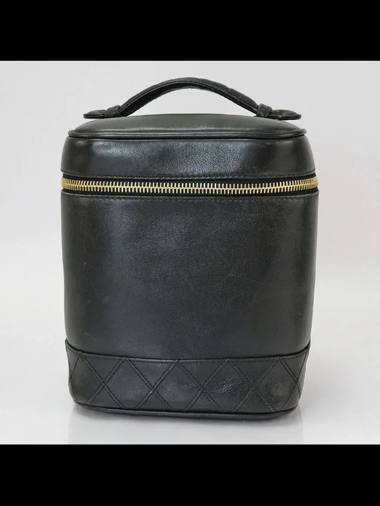 CHANEL Black Leather Small Cosmetic Pouch with Logo Sticker