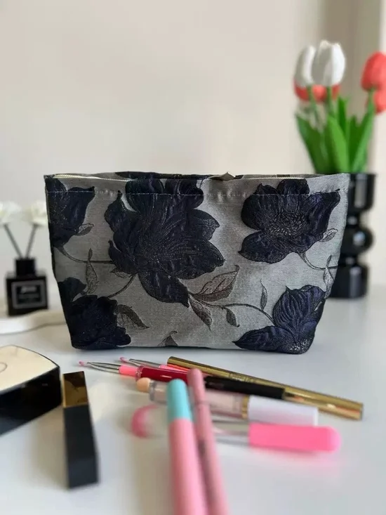 Embroidered Floral Cosmetic Bag in Gray and Black