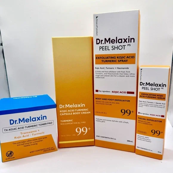 Dr Melaxin Bundle Set Peel Shot Exfoliator Kojic Acid Tumeric Toner Pad & Cream