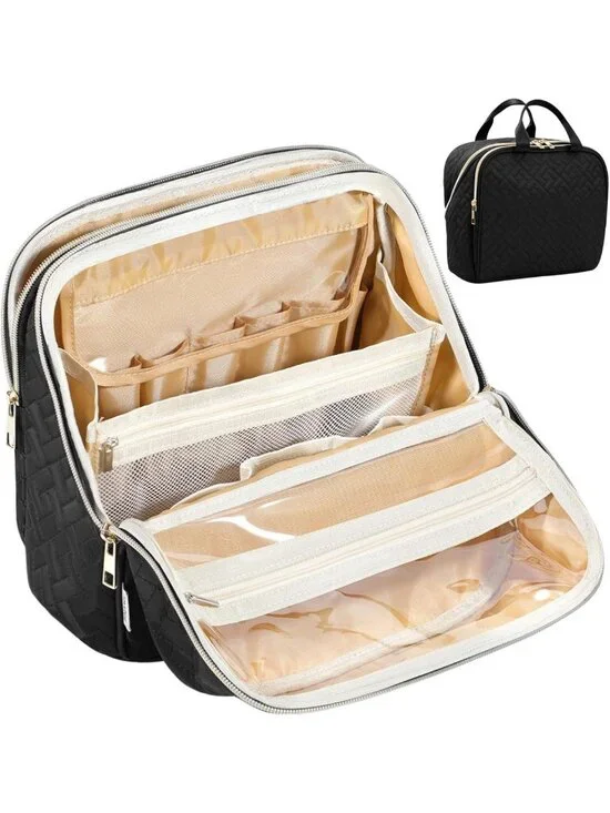 Large Capacity Makeup Bag with Brush Holder & Mirror - Waterproof Travel