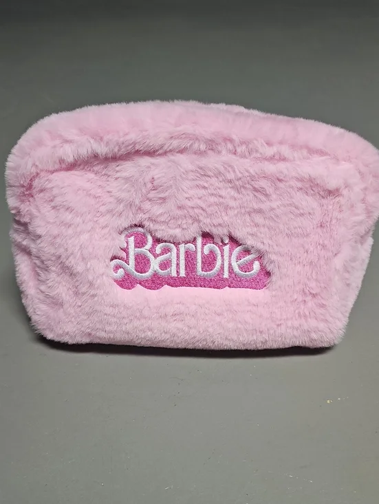 Barbie The Movie Makeup Bag Pink Plush Faux Fur Cosmetic Travel Fleece Pouch