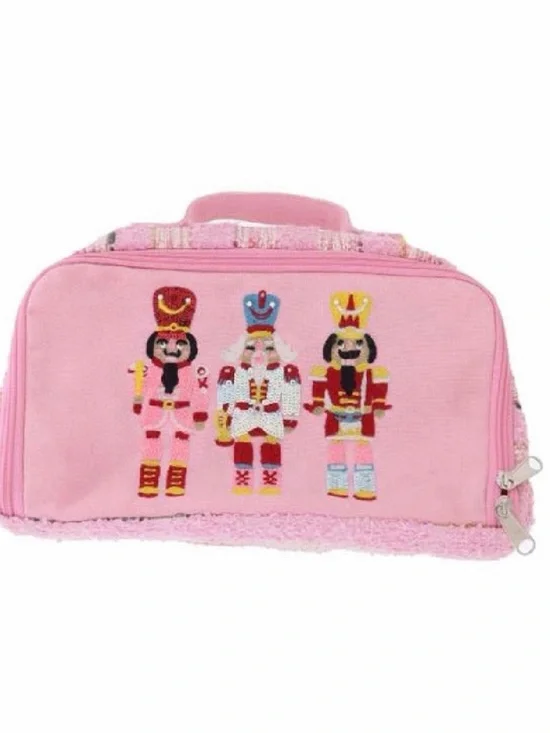 Pink Nutcracker Cosmetic Bag with Embroidered Holiday Characters