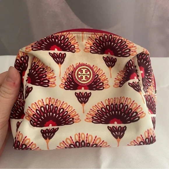 TORY BURCH SMALL FLORAL COSMETIC MAKEUP TOILETRY CASE BAG CREAM PLUM MAGENTA