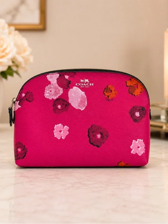 Rare - Coach Confetti Pink Multi Floral Leather Cosmetic Pouch