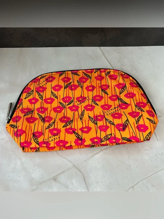 Clinique Orange and Pink Floral Print Cosmetic Bag