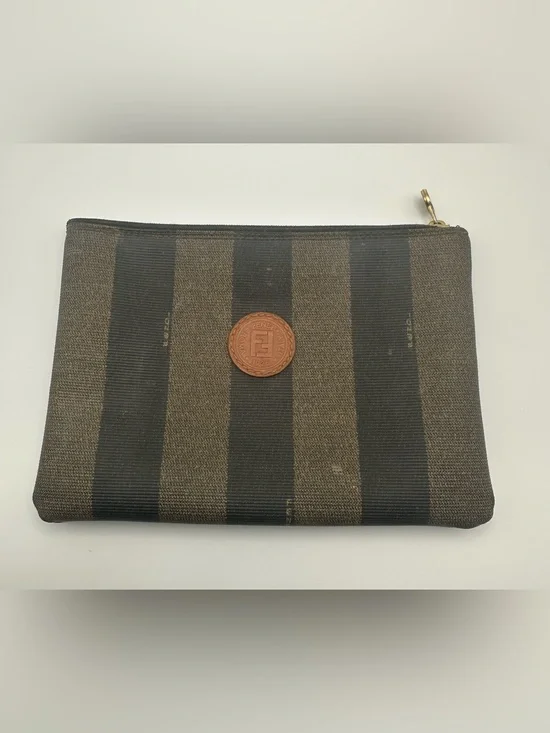 Fendi Pequin Stripe Zip Pouch Cosmetic Bag Brown Black Roma Vtg Authentic Italy