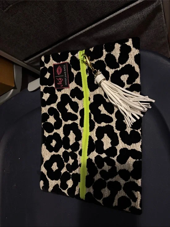 Makeup Junkie Bag Leopard Print Pouch with Lime Zipper and White Tassel