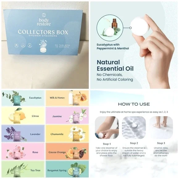 Body Restore 30 Pack Aromatherapy Shower Steamers Stress Relief, Relaxation, New