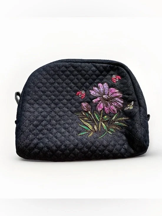 Vera Bradley Quilted Denim Navy Medium Cosmetic Case Floral & Ladybug Embroidery