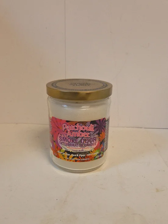 Patchouli Amber Smoke Odor Exterminator Candle - White 13 Oz