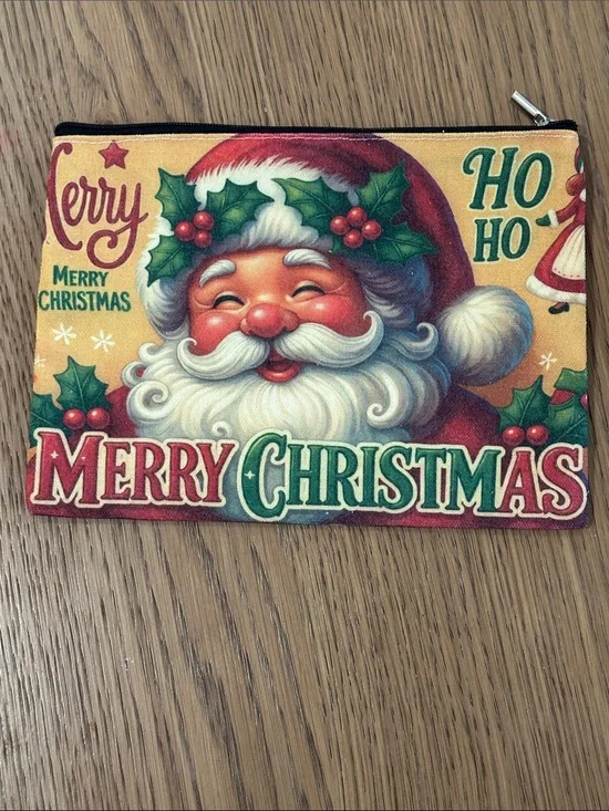 Merry Christmas Santa Holiday Zip Pouch - Red, Green, Cream