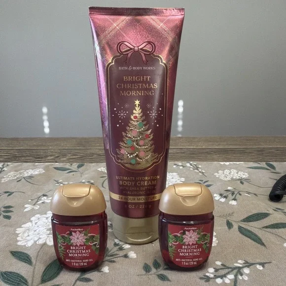 Bath & Body Works Bright Christmas Morning  Body Cream 8 oz & 2 Antibac Hand Gel