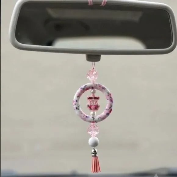 Pastel Goth Rearview Mirror Accessory  Pink and White Punk Car Charm with Tassel