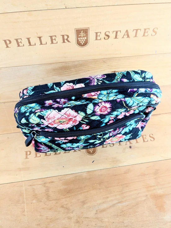 Vera Bradley Black Floral Quilted Cosmetic Pouch with Pink & Blue Blooms NWOT