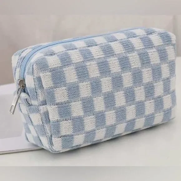 *Checkerboard* Baby Blue Travel Makeup Bag Lightweight Cosmetic Case