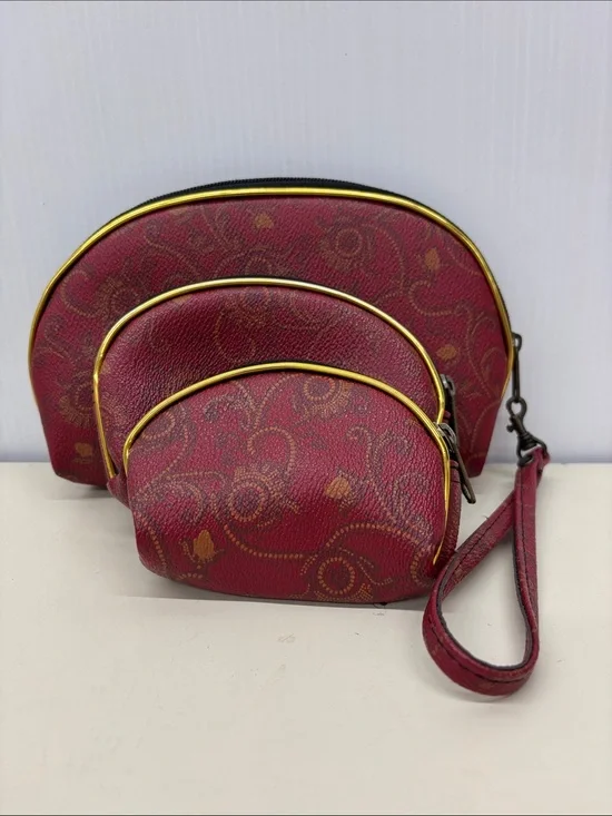 Red Patterned Cosmetic Pouch Set with Wrist Strap