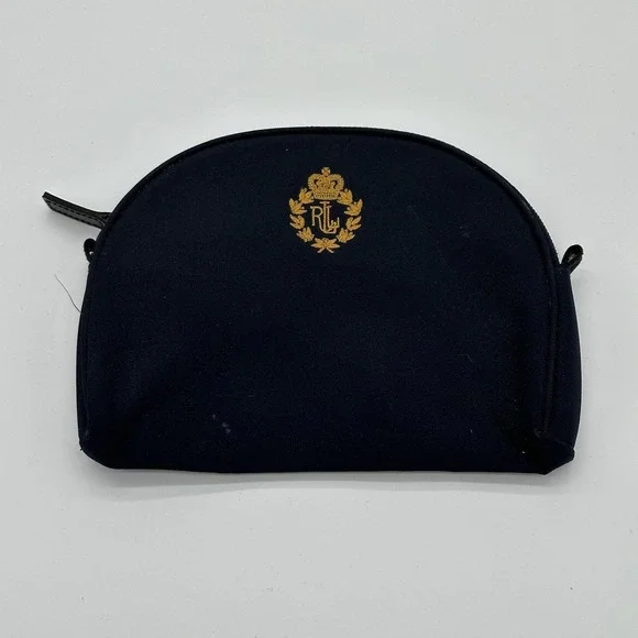 Lauren Ralph Lauren Black Small Travel Pouch Cosmetic Bag Gold Crest Zip Case