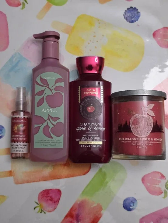Bath & Body Works Champagne Apple & Honey 4 Piece Body Care & Candle Set NEW