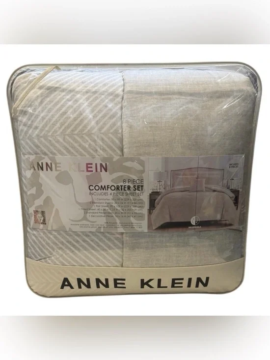 Anne Klein Gray and Cream Textured 8-Piece Comforter Set Reversible - Ships Free