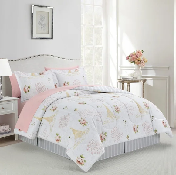 SUPER SALE ** BRAND NEW ** 8 PC Floral Eiffel Tower Reversible Bedding Set