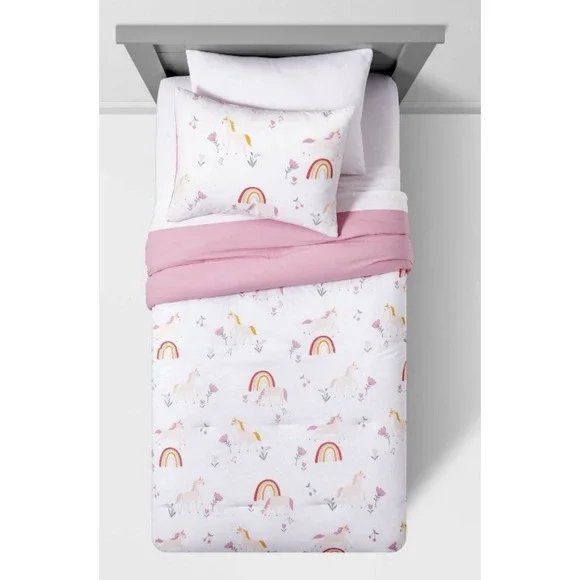 Twin Unicorn Kids' Comforter Set Rainbow Pattern - by Pillowfort 88in x 66in