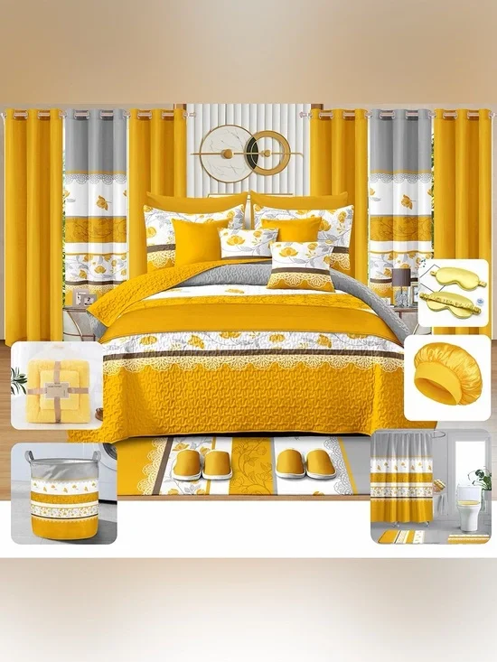 Bedspread Sunflower Yellow and Gray Floral Bedding Set 30 pieces