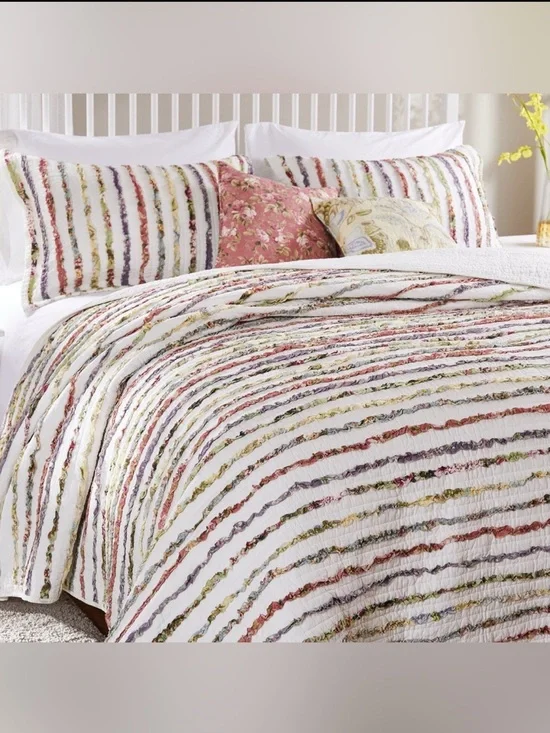 Greenland Home Bella Quilted Ruffle Shams Cotton Mixed Floral Stripe • King 2pc