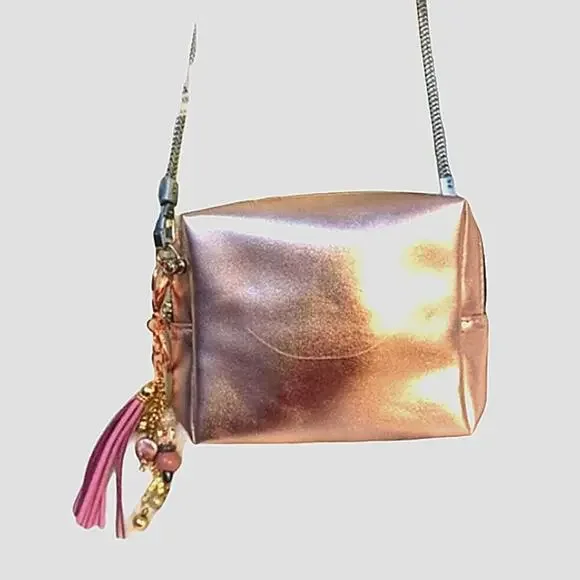 Yves Saint‎ Laurent PINK Metallic Cosmetic Bag Crossbody Converted Pearls Tassle
