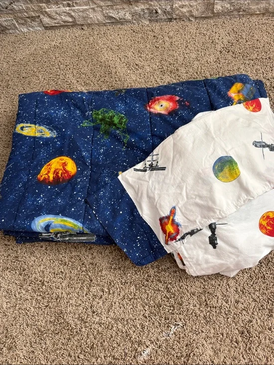 Space Galaxy Print Twin Comforter Set - Blue & White Planet Motif
