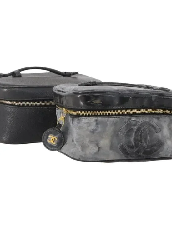 CHANEL Vanity Pouch Leather 2 Set Black CC Auth BA12664