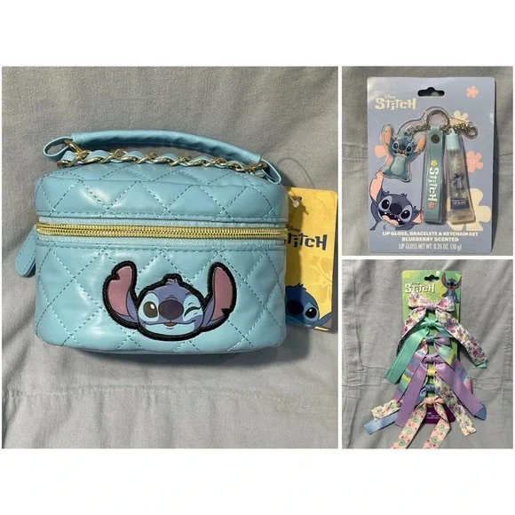NEW Disney Stitch Blue Makeup Box Quilt-Like Mini Purse - Lip‎ Gloss - Hair Bows