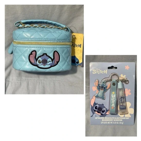 NEW Disney Stitch Blue Makeup Box Quilt-Like Mini Purse - Lip Gloss Keychain Set
