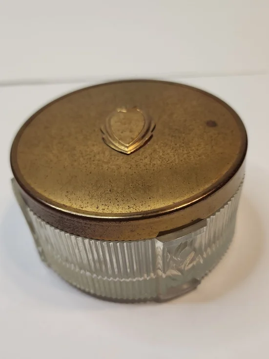Vintage Round Glass Dresser Jar with Brass Lid 4 Tulips Outside Glass. Flawless