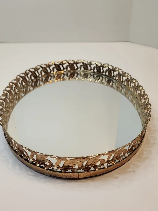 Ornate Oval Mirrored Vanity Tray in Gold Tone Dark Red Velvet Backing