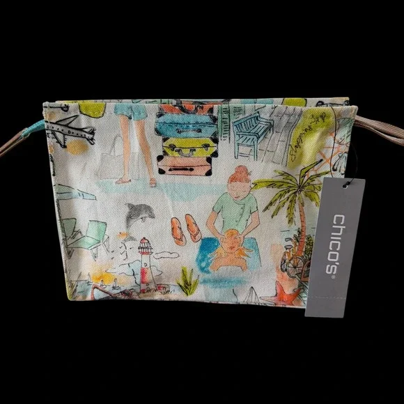 NWT Chicos Sanibel Print Pouch‎ Aria Aqua Vacation Beach Zip Top Bag 570325445