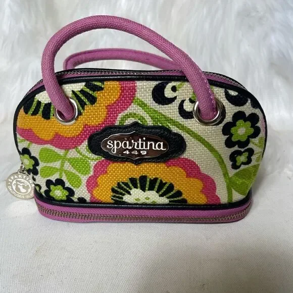 Spartina 449 Daufuskie Island multi color linen with black leather trim handbag.