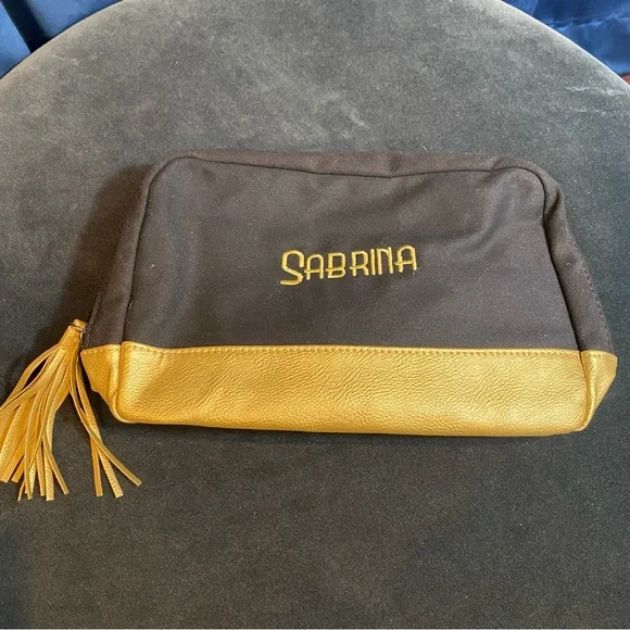 Black with Gold Accent ‘Sabrina’ Embroidered Large Cosmetic Travel Case