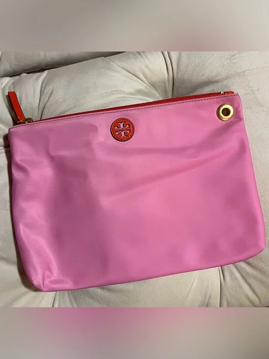 Tory Burch Pink Nylon Cosmetic Pouch Clutch Zip Travel Makeup Bag w/ Orange Logo